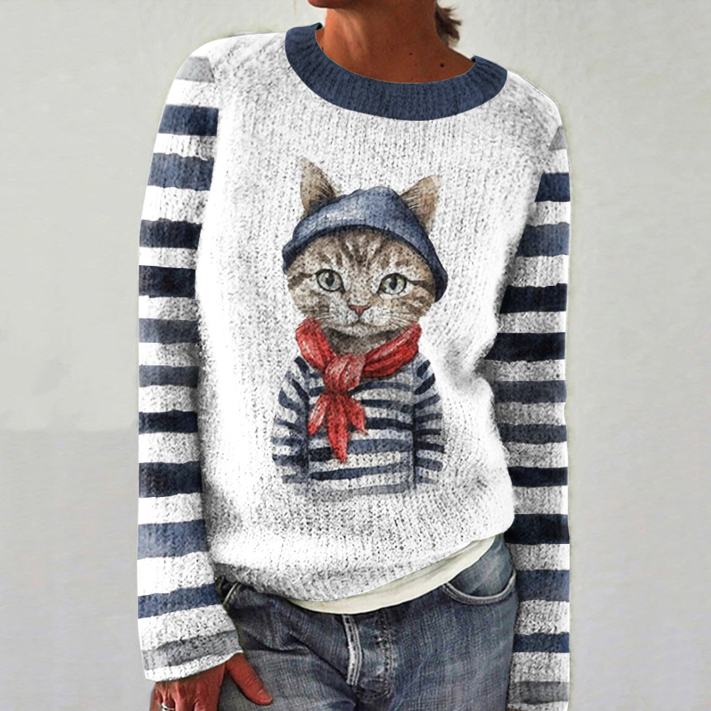 Cute Cat Stripes Pattern Crew Neck Cozy Sweater