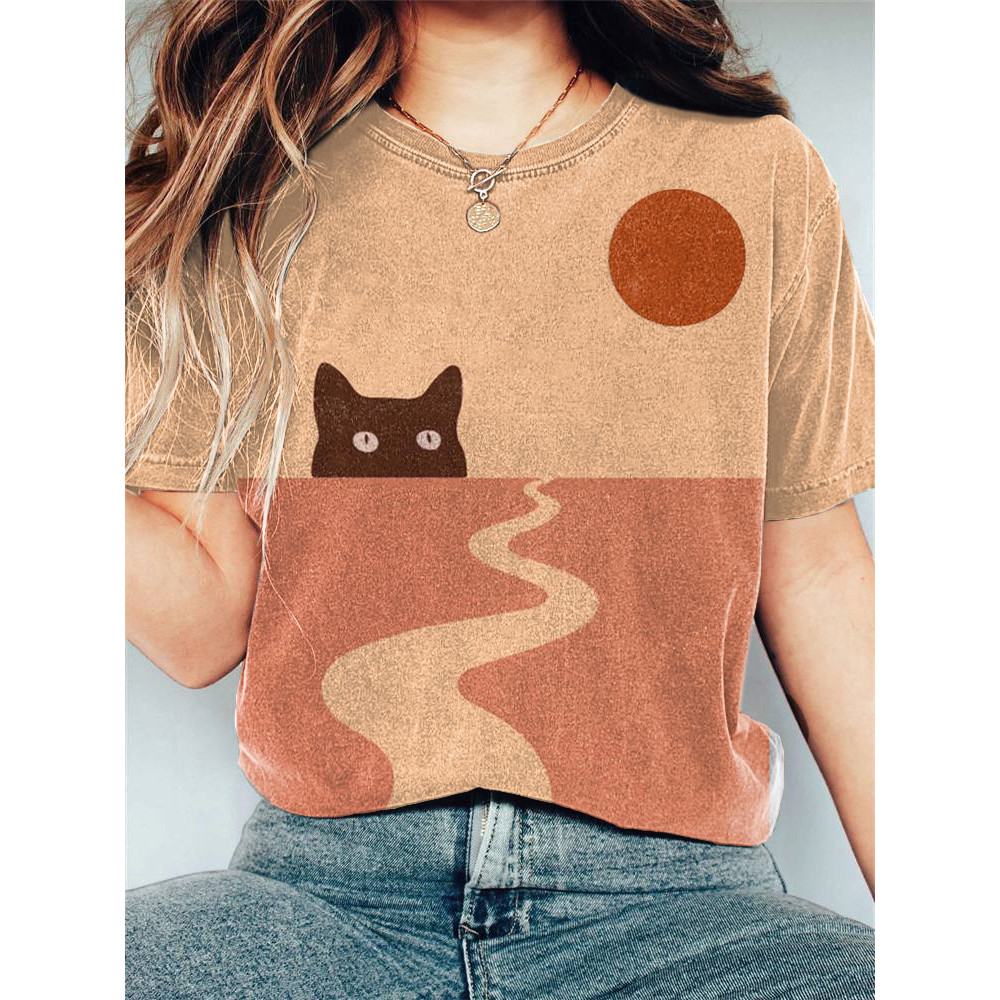 Cute Cat Sunrise Print Casual Cotton T-Shirt
