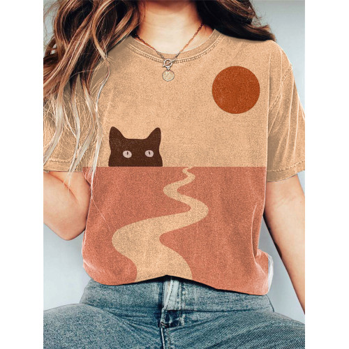 Cute Cat Sunrise Print Casual Cotton T-Shirt