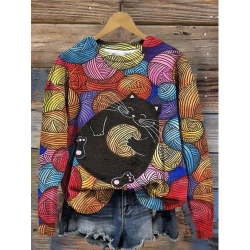 Cute Cat & Ball of Wool Pattern Comfy Sweatshirt