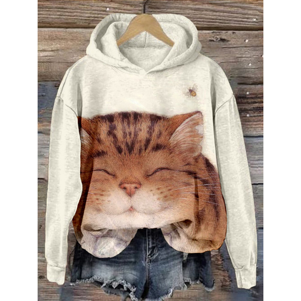 Cute Cat & Bee Graphic Casual Cozy Hoodie