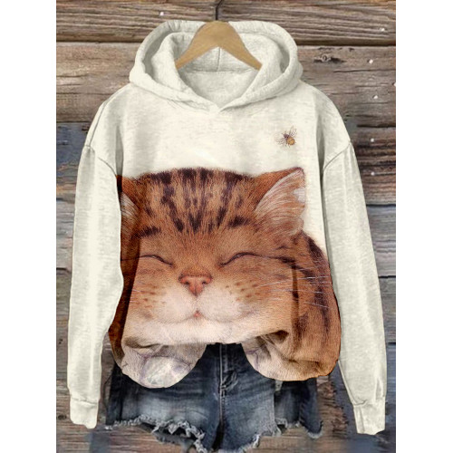 Cute Cat & Bee Graphic Casual Cozy Hoodie