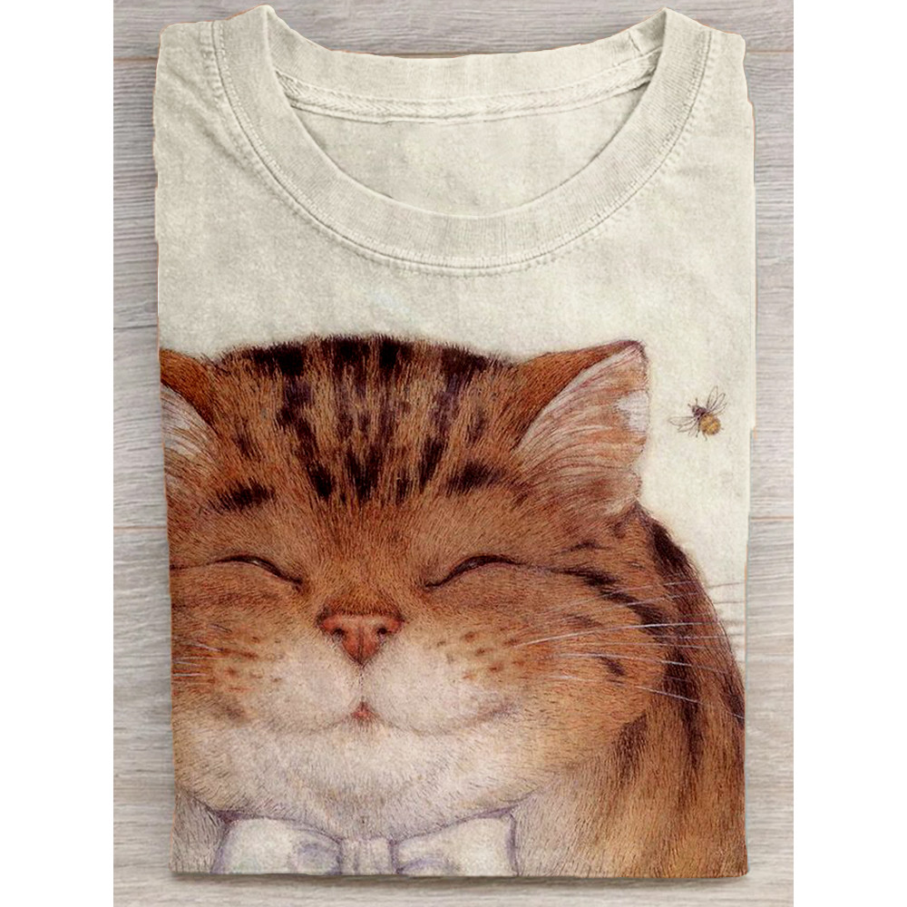 Cute Cat & Bee Graphic Crew Neck Casual T Shirt