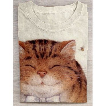 Cute Cat & Bee Graphic Crew Neck Casual T Shirt
