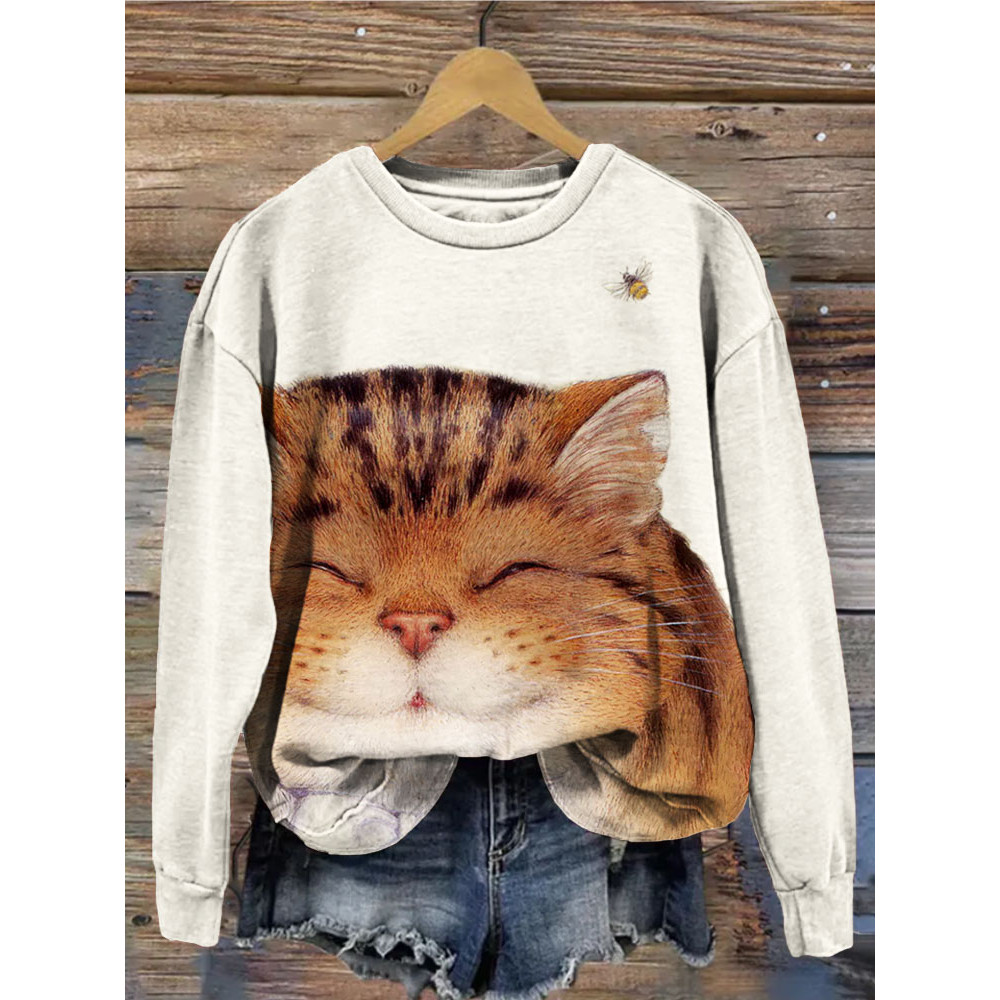 Cute Cat & Bee Graphic Crew Neck Comfy Sweatshirt