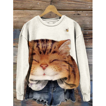 Cute Cat & Bee Graphic Crew Neck Comfy Sweatshirt