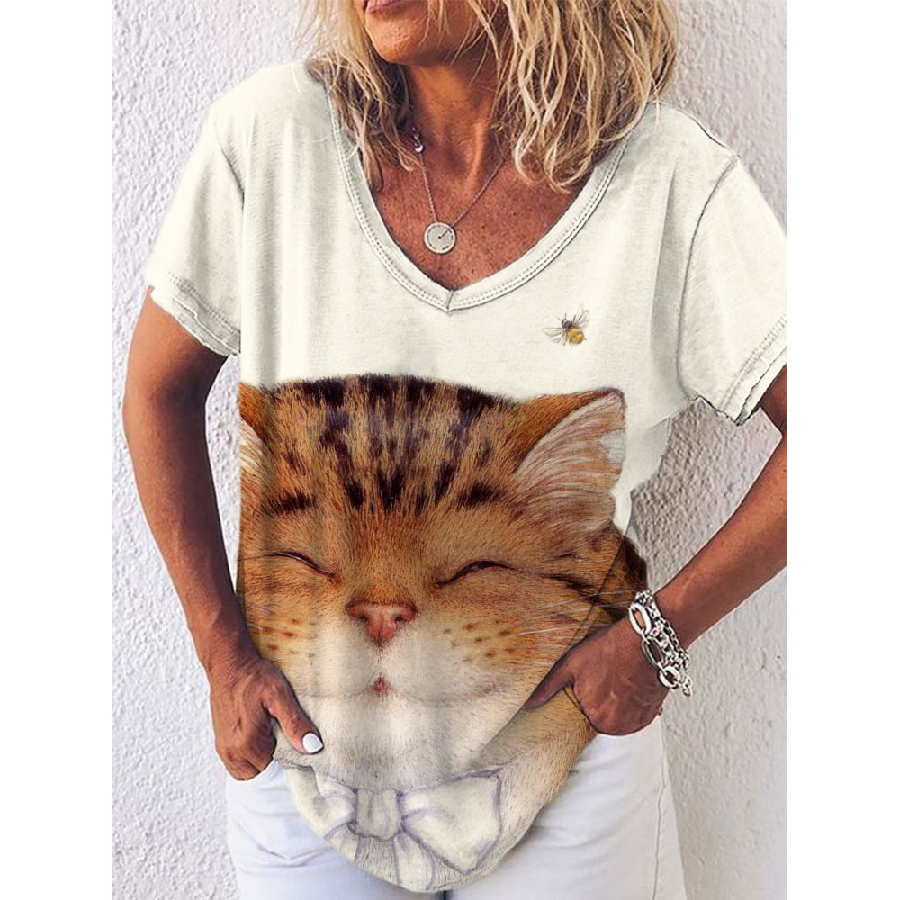 Cute Cat & Bee Graphic V Neck Comfy T Shirt