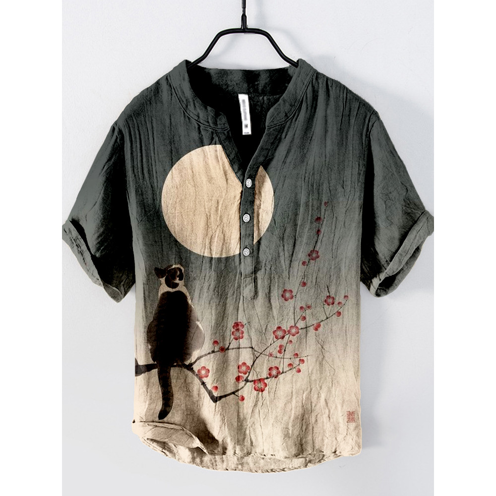 Cute Cat and Cherry Blossom Art Linen Blend Shirt