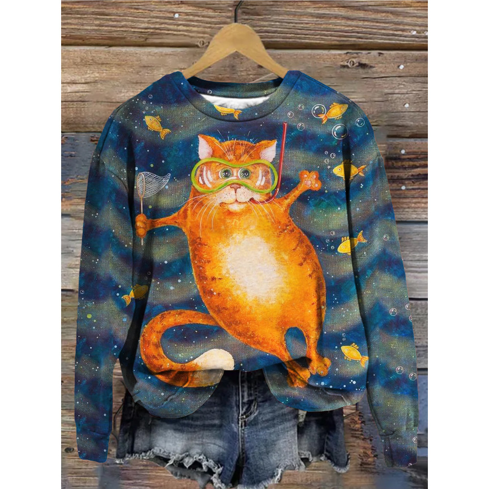 Cute Cat & Fishes Art Vintage Comfy Sweatshirt