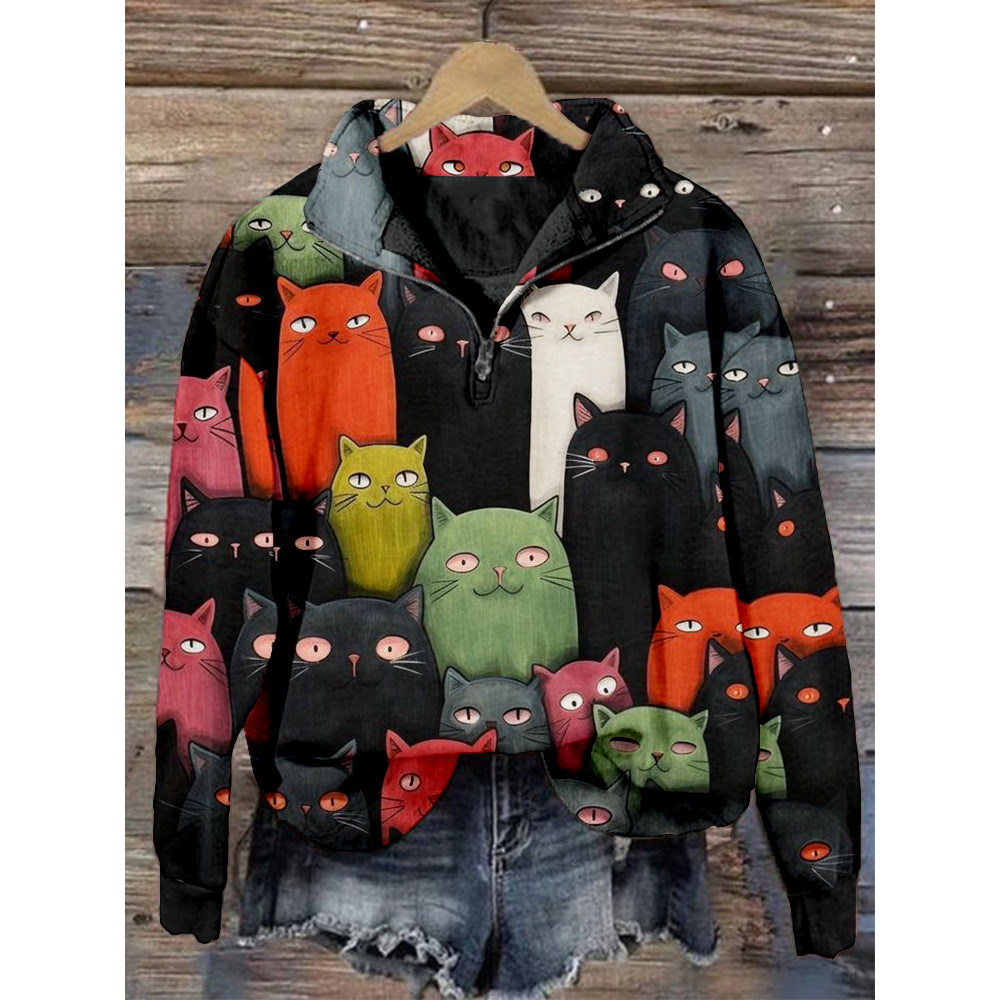 Cute Cats Crowded Cat Art Zip Up Cozy Sweatshirt