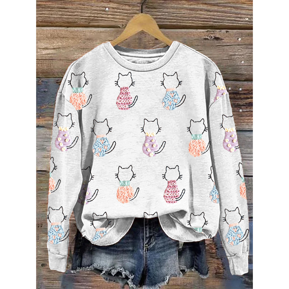Cute Cats Embroidery Art Casual Cozy Sweatshirt