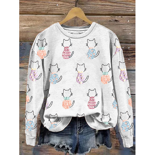 Cute Cats Embroidery Art Casual Cozy Sweatshirt