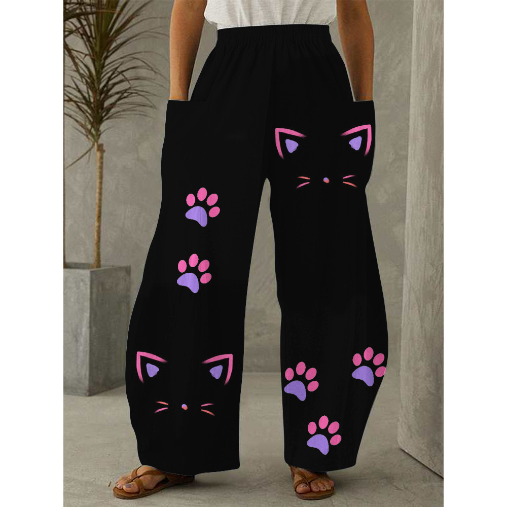 Cute Cats Face And Paw Print Patch Pocket Wide Leg Pants