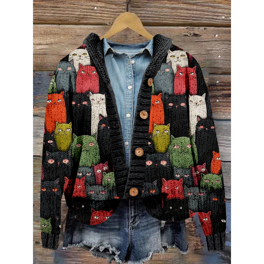 Cute Cats Graphic Cozy Hooded Button Cardigan