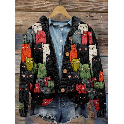 Cute Cats Graphic Cozy Hooded Button Cardigan