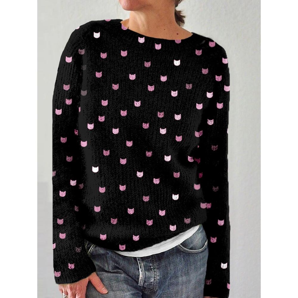 Cute Cats Graphic Crew Neck Cozy Knit Sweater