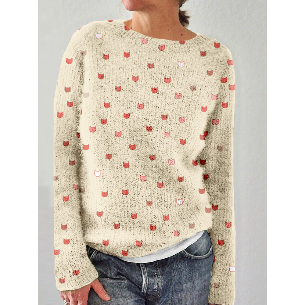 Cute Cats Graphic Crew Neck Cozy Knit Sweater