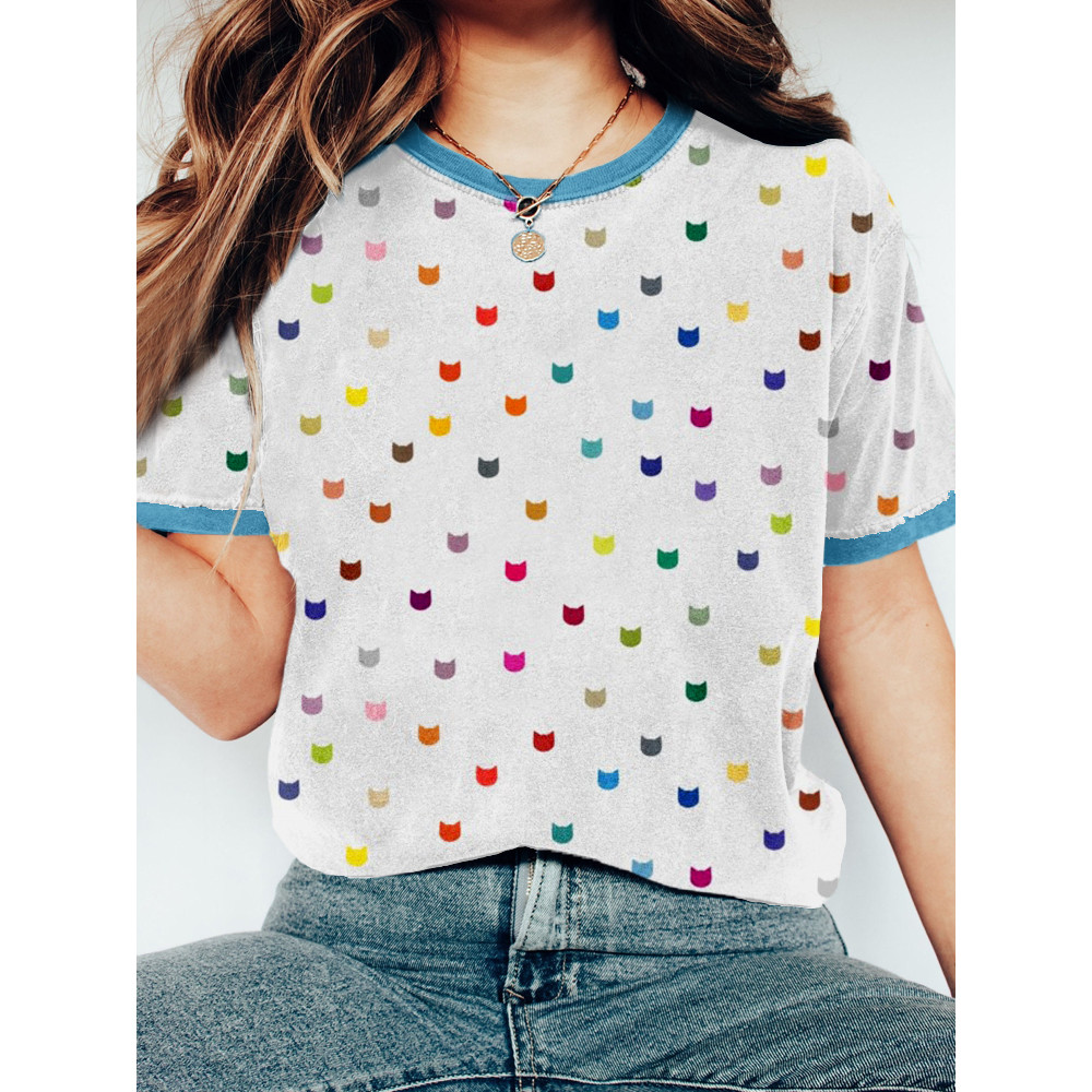 Cute Cats Graphic Crew Neck Vintage Washed T Shirt