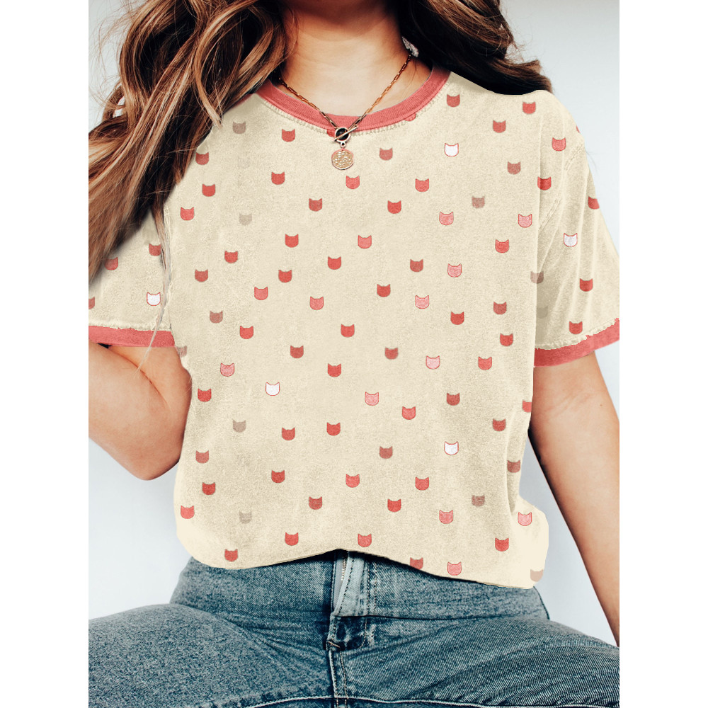 Cute Cats Graphic Crew Neck Vintage Washed T Shirt