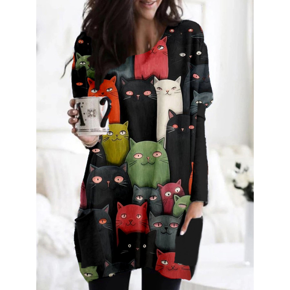 Cute Cats Graphic Patch Pocket Comfy Tunic
