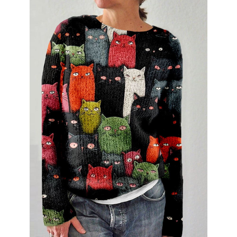Cute Cats Graphic Round Neck Cozy Sweater