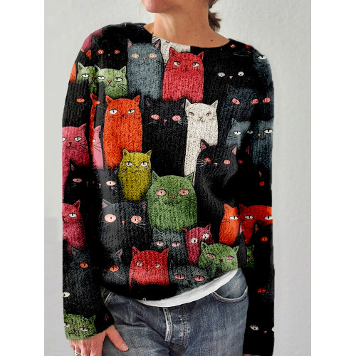 Cute Cats Graphic Round Neck Cozy Sweater