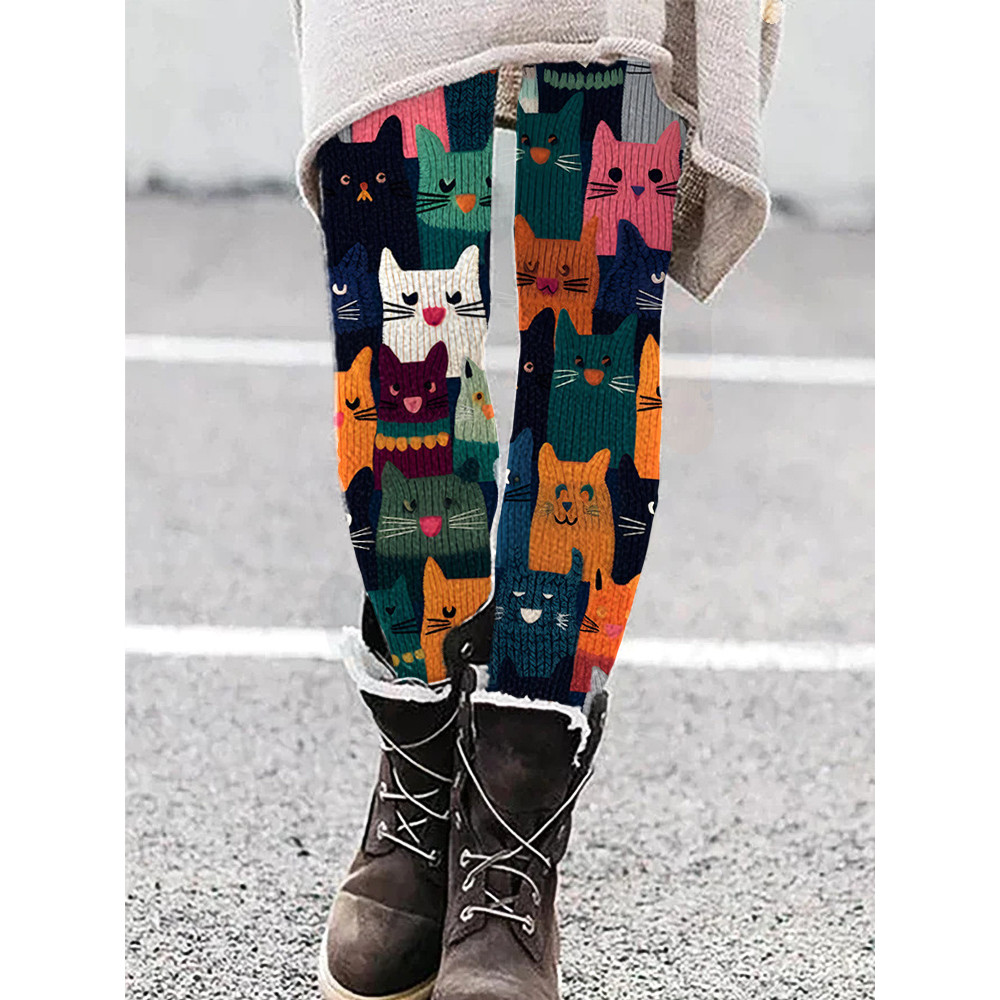 Cute Cats Knit Art Casual Cozy Stretch Leggings