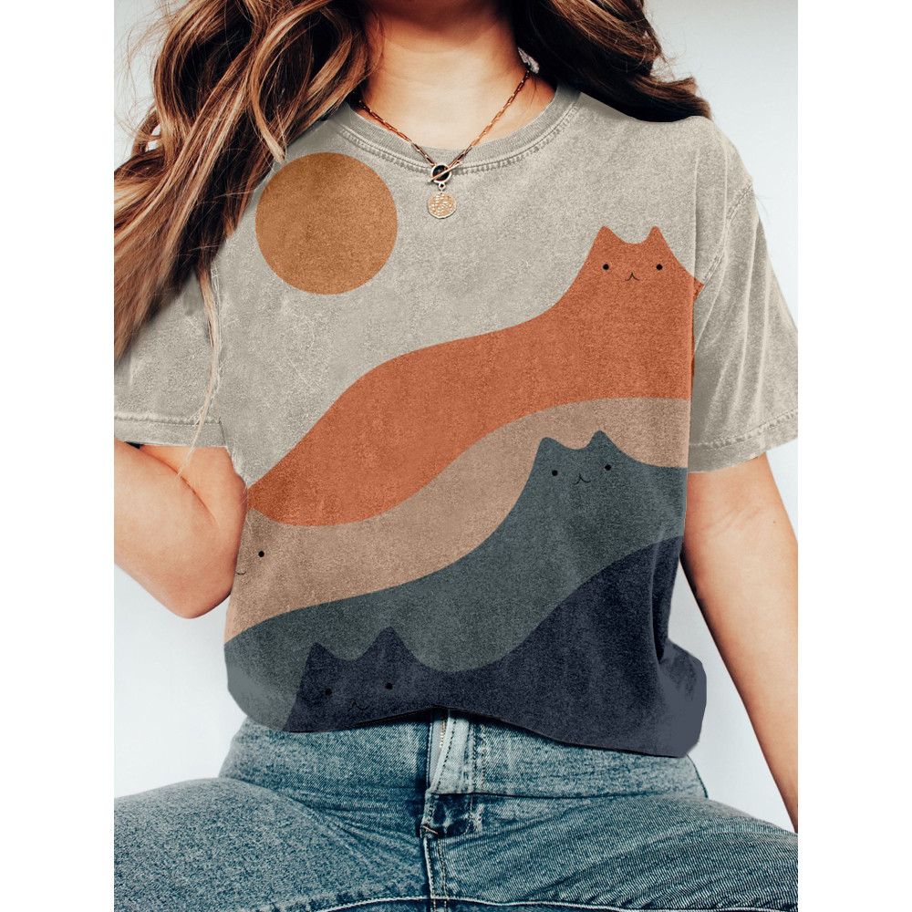 Cute Cats Mountain Art Vintage Washed T Shirt