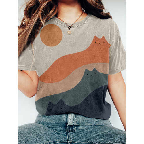 Cute Cats Mountain Art Vintage Washed T Shirt