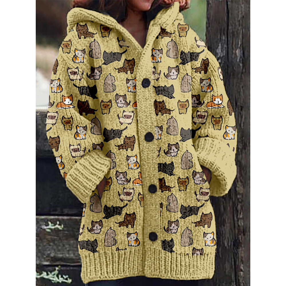 Cute Cats Pattern Cozy Hooded Knit Cardigan