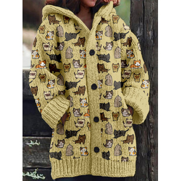 Cute Cats Pattern Cozy Hooded Knit Cardigan
