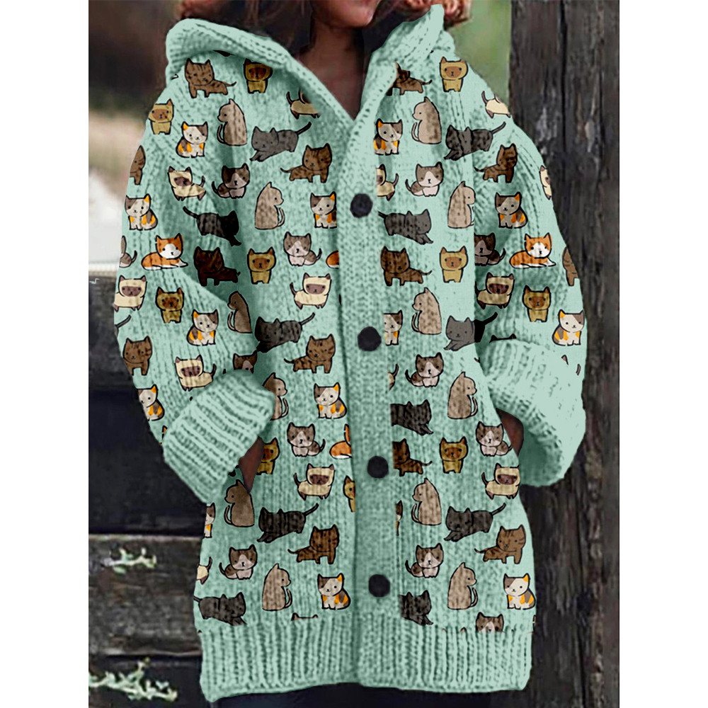 Cute Cats Pattern Cozy Hooded Knit Cardigan
