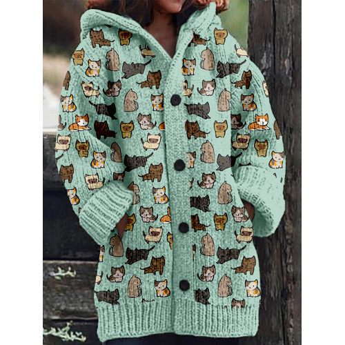 Cute Cats Pattern Cozy Hooded Knit Cardigan