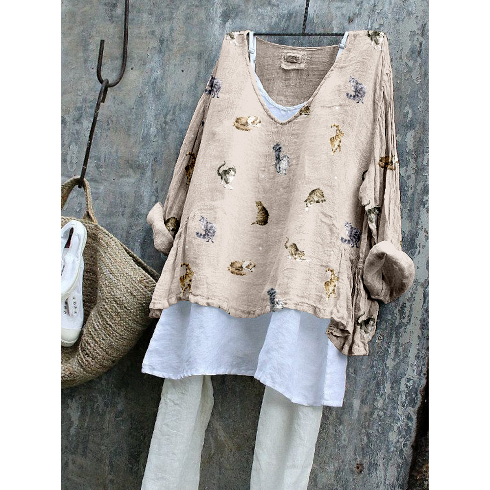 Cute Cats Pattern Long Sleeve Cozy Flowy Tunic