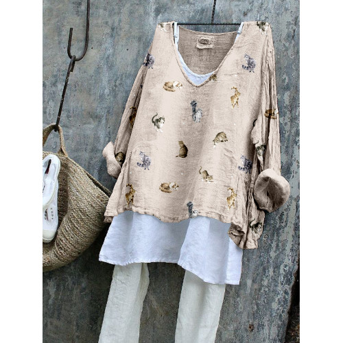 Cute Cats Pattern Long Sleeve Cozy Flowy Tunic