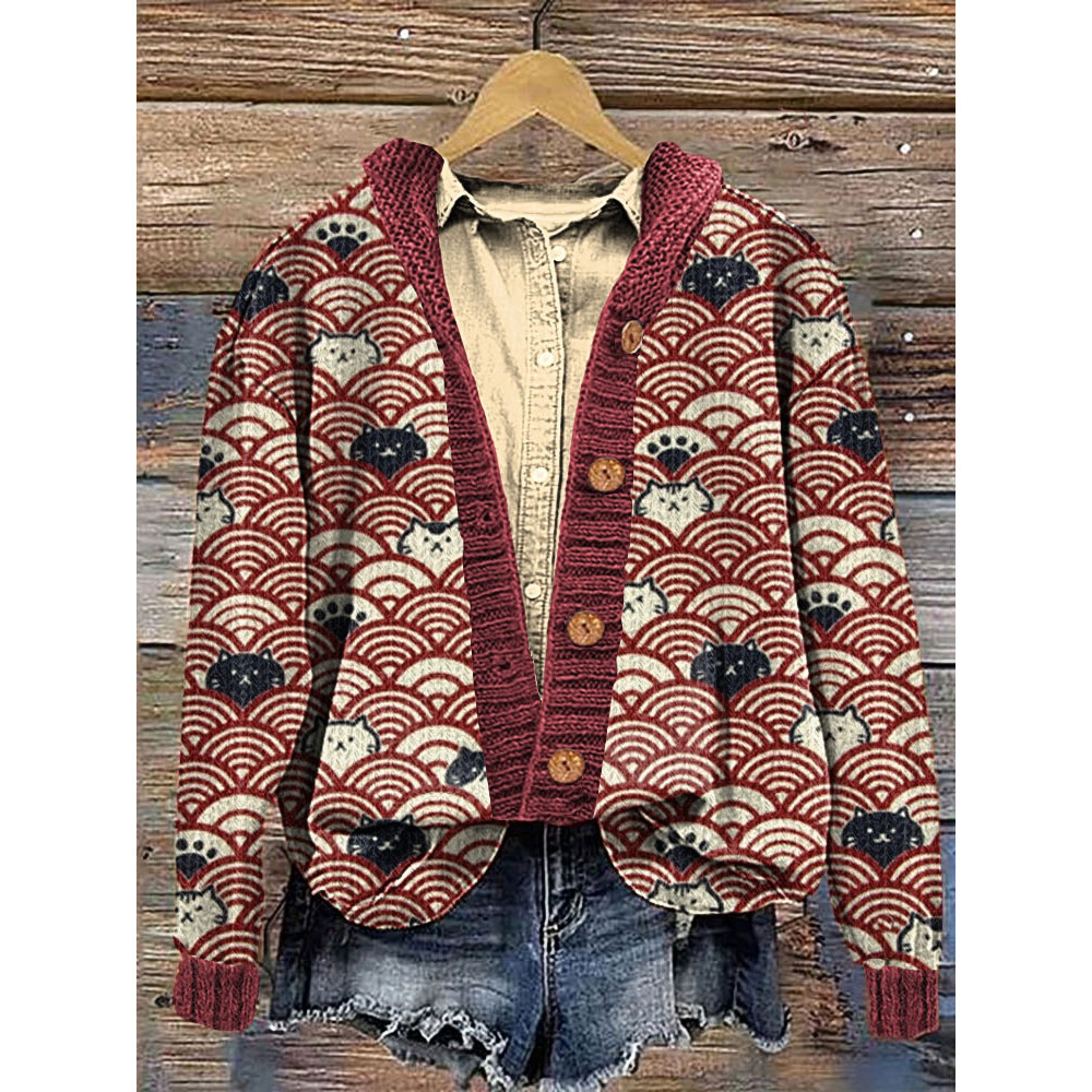 Cute Cats and Waves Print Cozy Hooded Cardigan