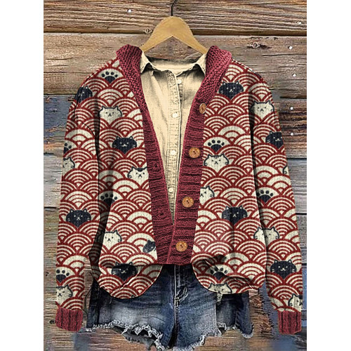 Cute Cats and Waves Print Cozy Hooded Cardigan