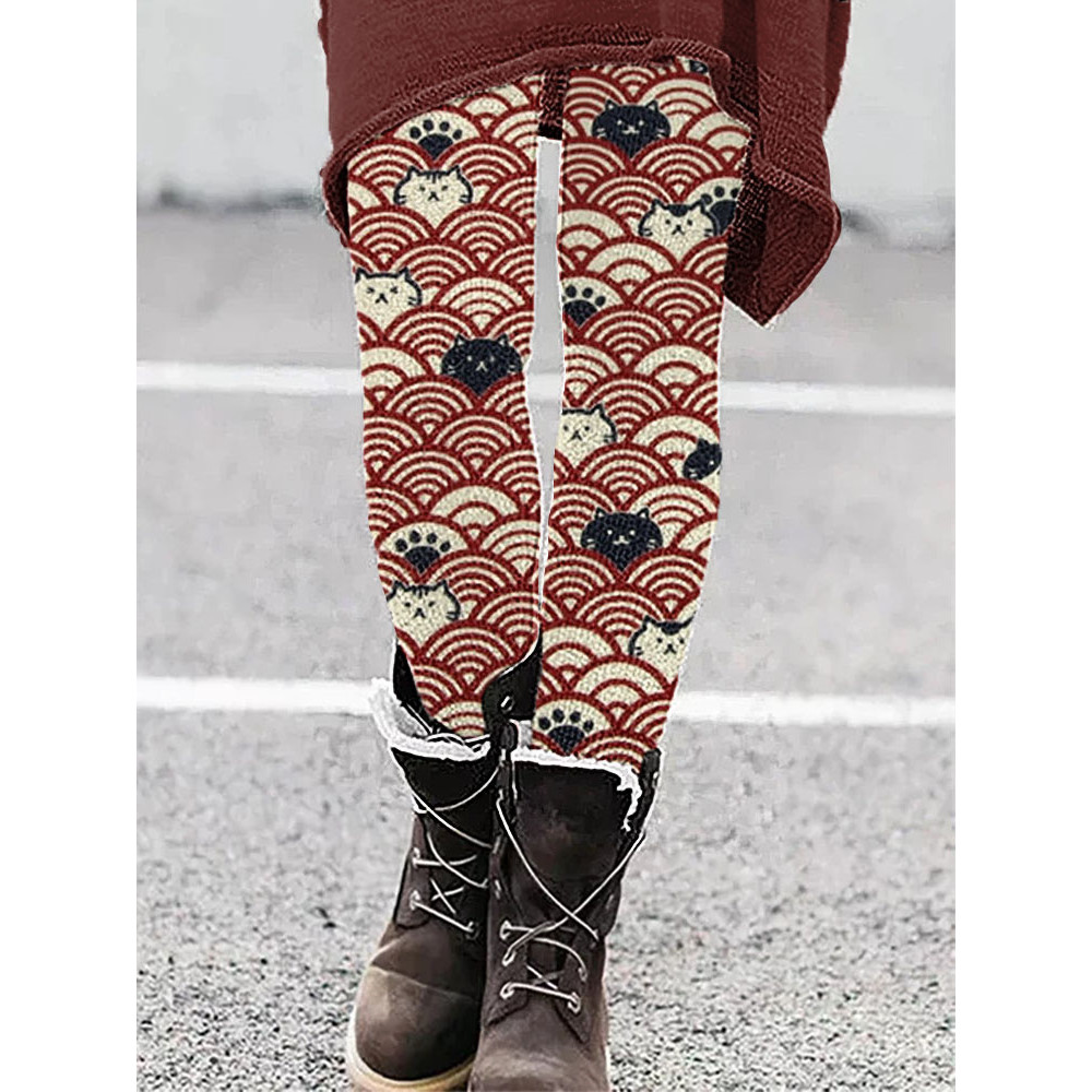 Cute Cats and Waves Print Cozy Stretch Leggings