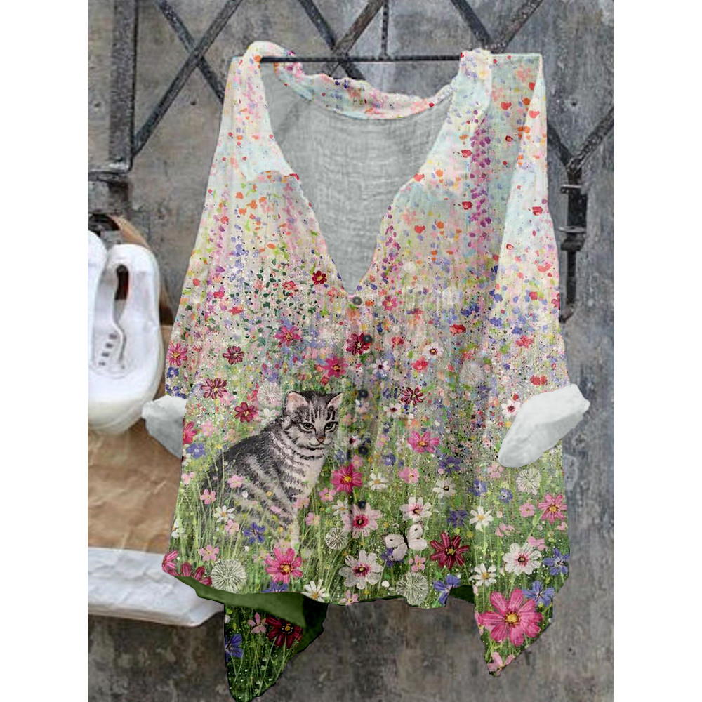 Cute Cats in Flowers Pattern Cozy Flowy Shirt