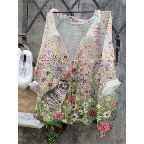 Cute Cats in Flowers Pattern Cozy Flowy Shirt