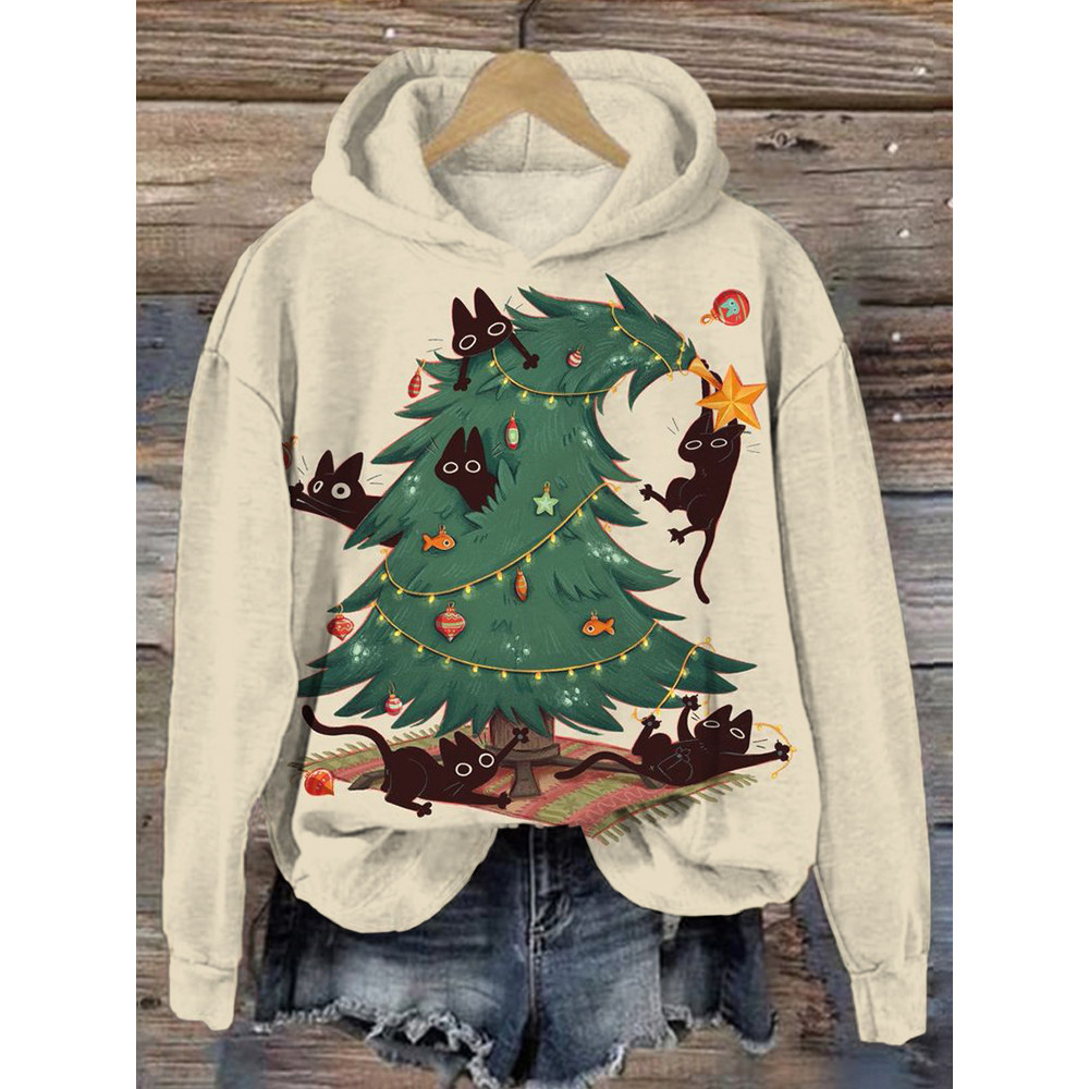 Cute Christmas Black Cats Pattern Cozy Hoodie