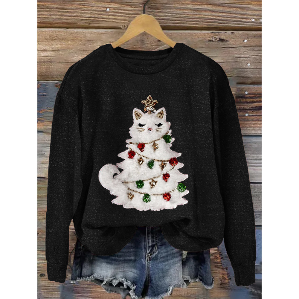 Cute Christmas Cat Tree Art Cozy Sweatshirt
