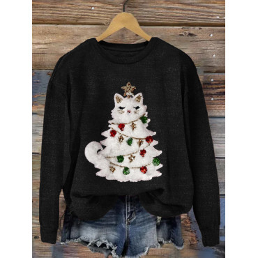 Cute Christmas Cat Tree Art Cozy Sweatshirt