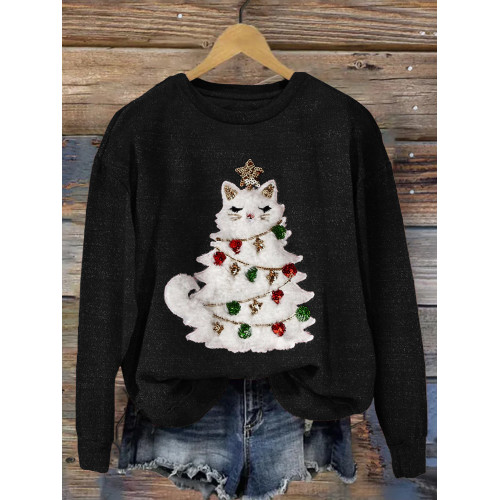 Cute Christmas Cat Tree Art Cozy Sweatshirt