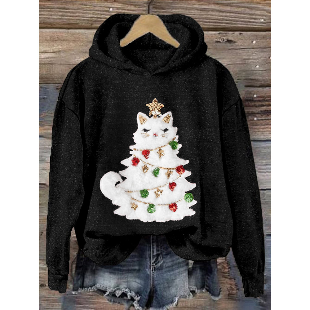 Cute Christmas Cat Tree Art Vintage Cozy Hoodie