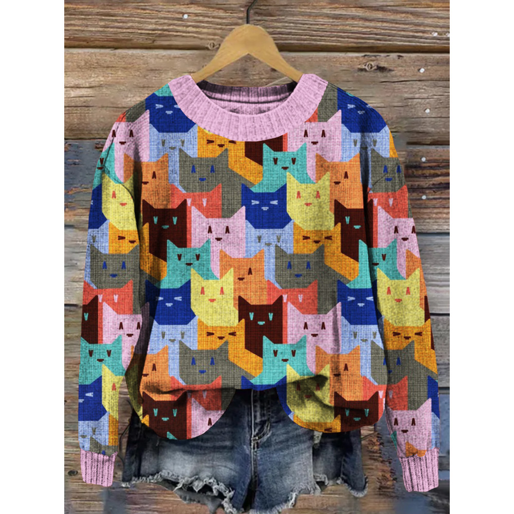 Cute Colorful Cats Pattern Crew Neck Cozy Sweater