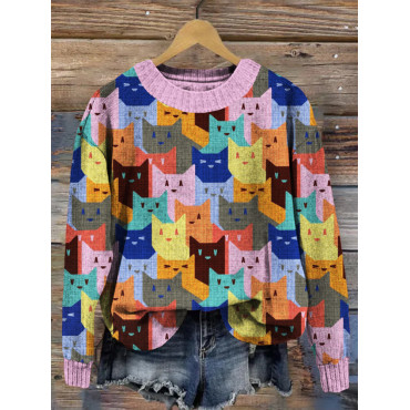 Cute Colorful Cats Pattern Crew Neck Cozy Sweater