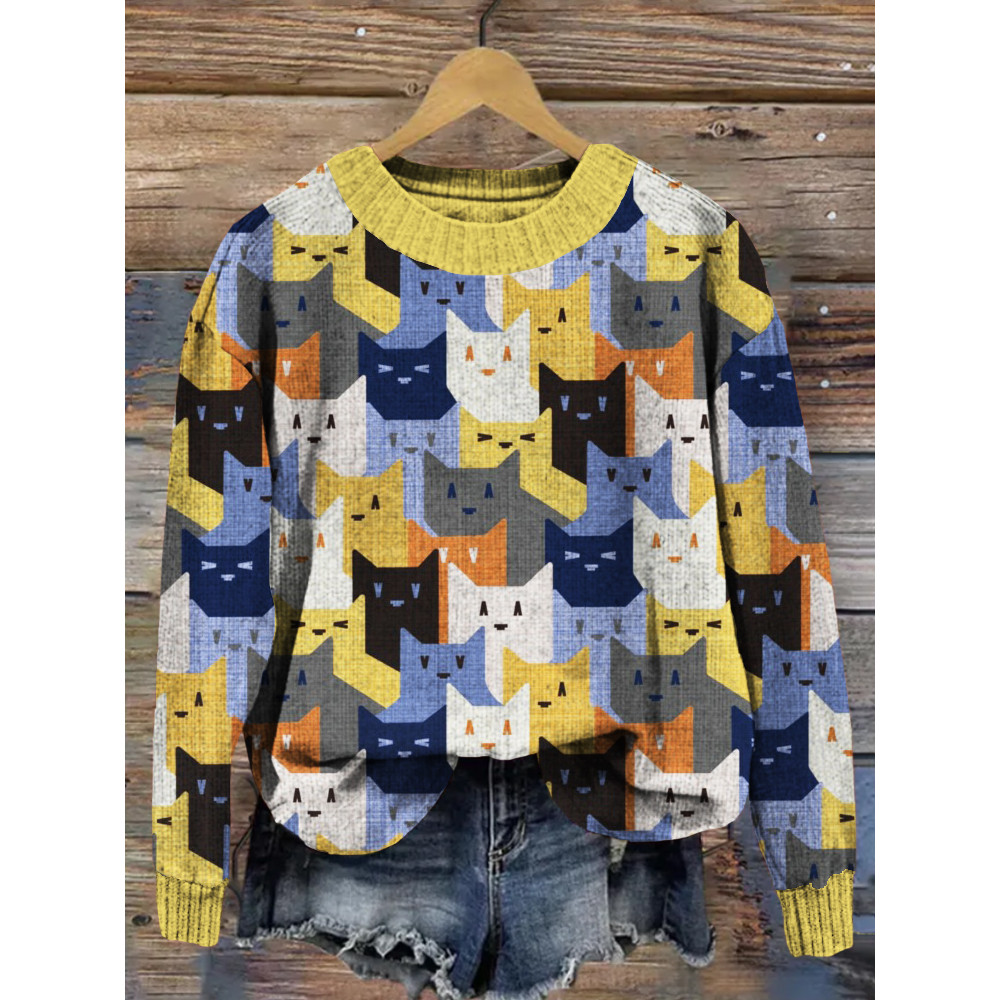 Cute Colorful Cats Pattern Crew Neck Cozy Sweater