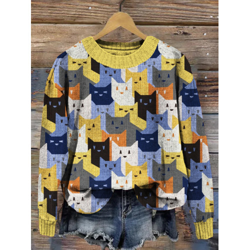 Cute Colorful Cats Pattern Crew Neck Cozy Sweater