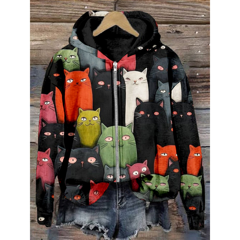 Cute Crowded Cats Art Pattern Zip Up Cozy Hoodie